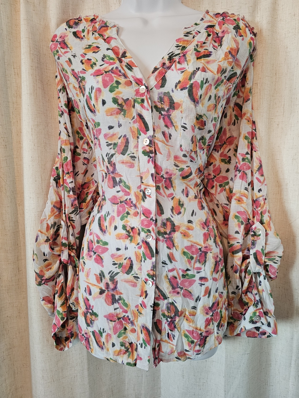 Zac & Rachel Floral Button-Front Blouse - Pink, Green, Orange